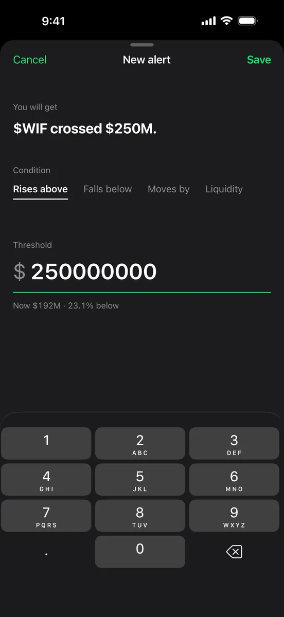 Alert editor with a notification preview above the market cap threshold