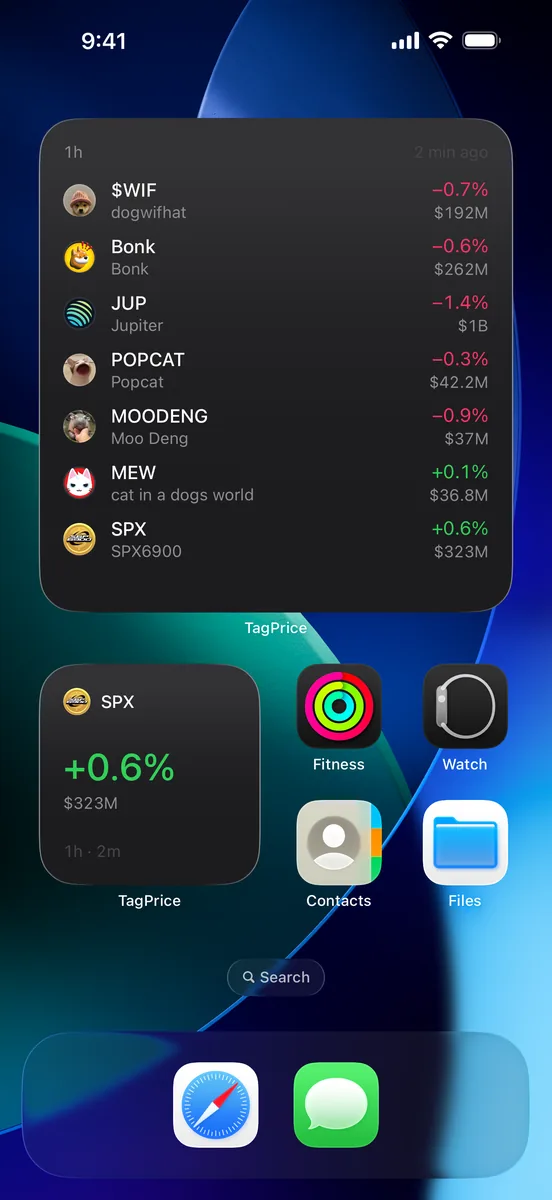 Home Screen with a large widget listing seven coins and a small SPX widget